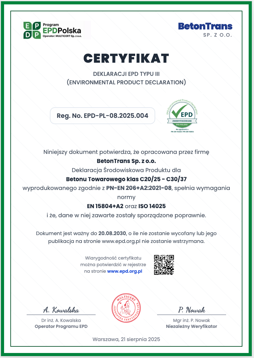 Certyfikat EPD Polska Multicert